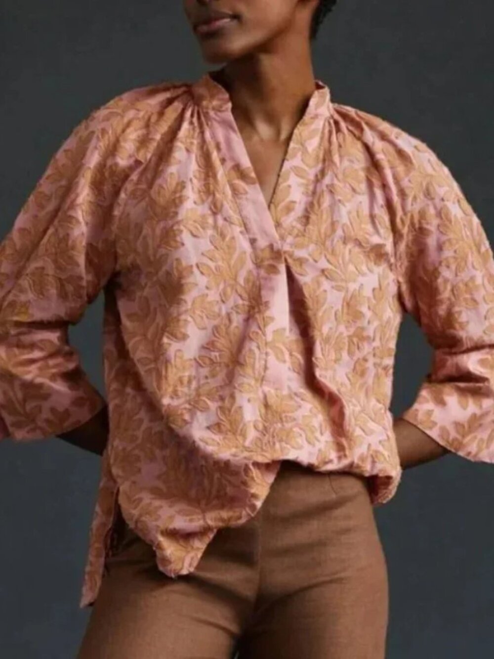 Anthropologie Popover Tunic Top Blouse XL Leaf Applique Textured V-neck Relaxed